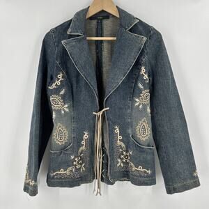 Vintage Y2K Single Denim Jacket Womens Size 2 Embroidered Noughties Coyote Ugly